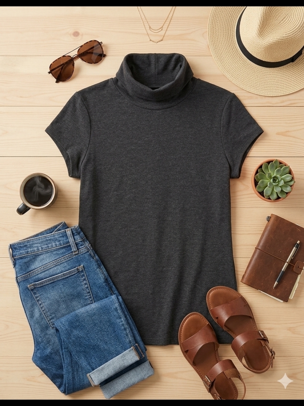CAbi Charcoal Cap-Sleeve Turtleneck Tee